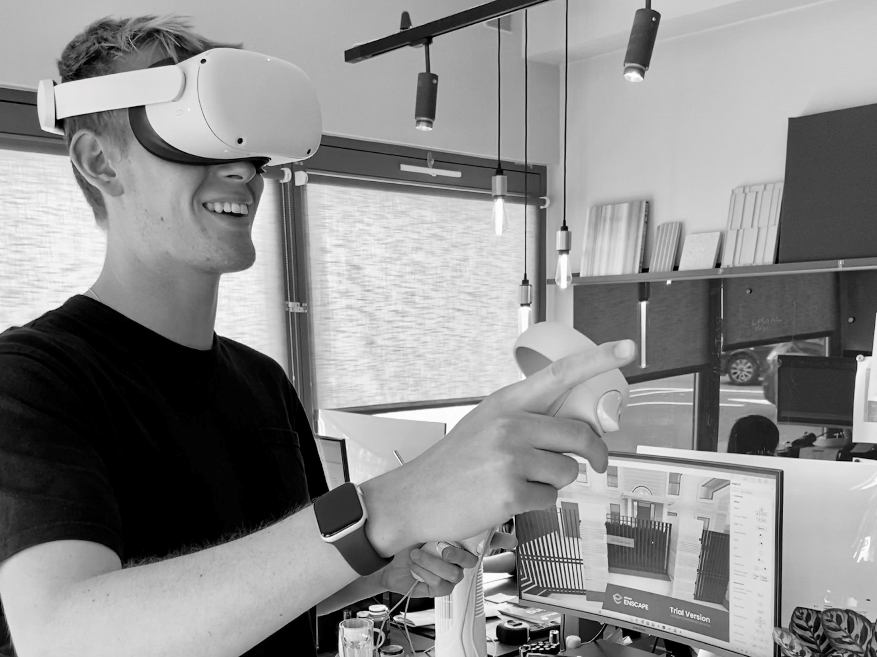 Architect wearing VR headset